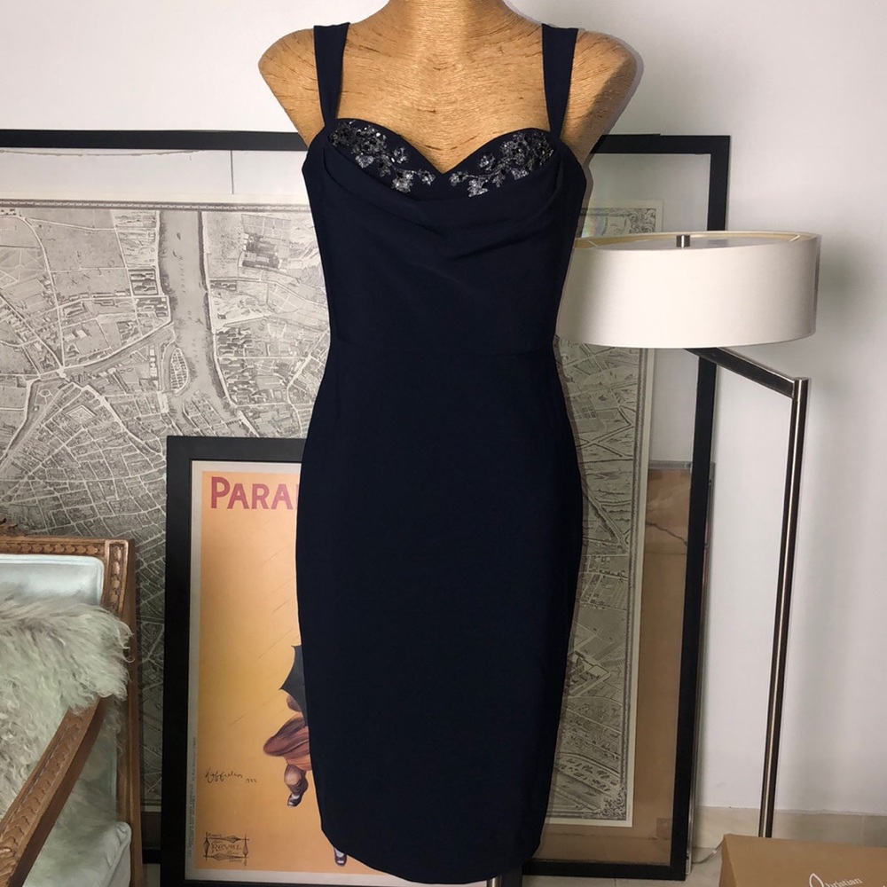 MARCHESA NOTTE Elegant NAVY Blue Dress with Lace Detail Size 6
